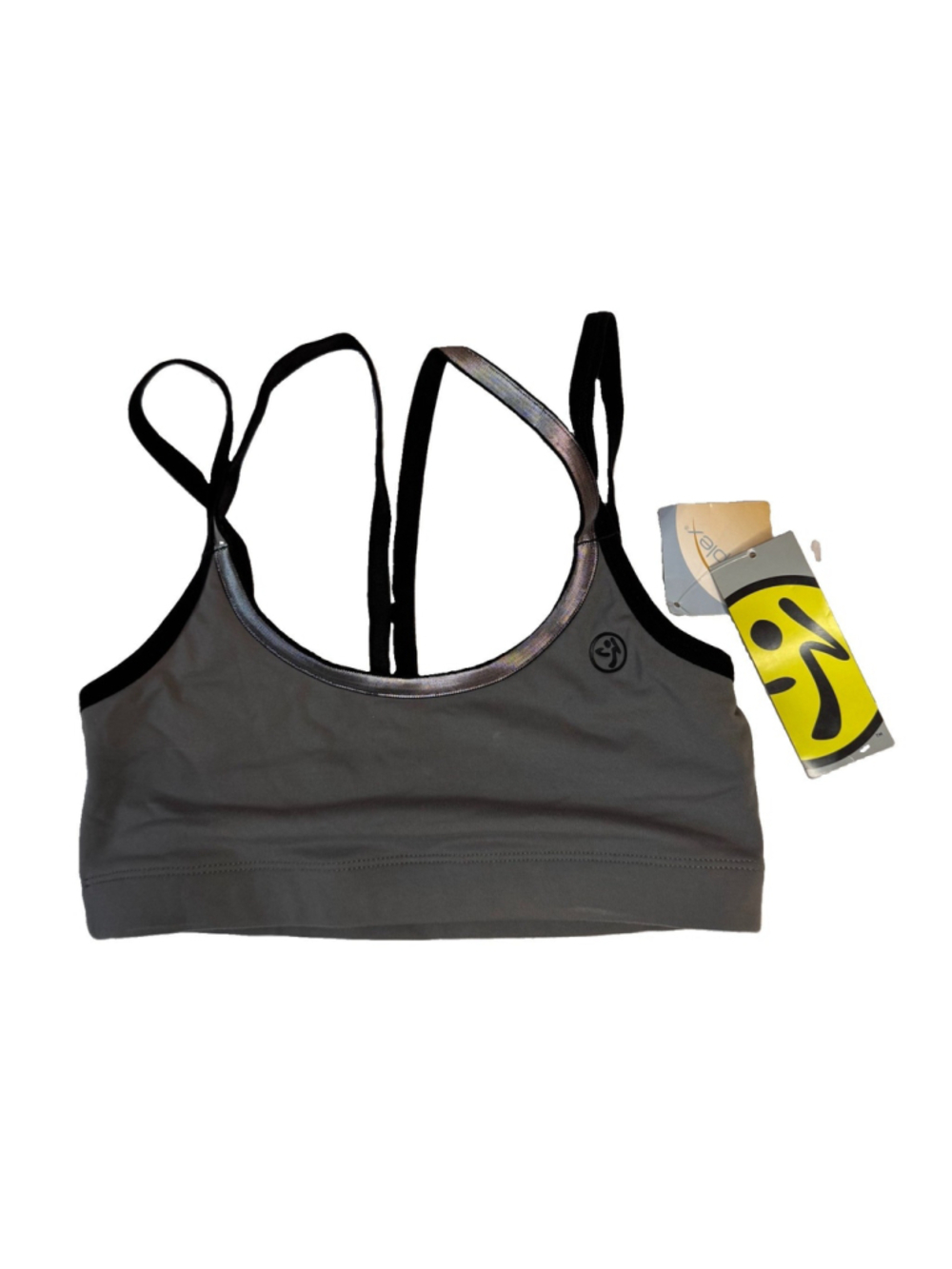 NWT Zumba Fitness Strappy Sports Bra Size:S Gray Silver Trim